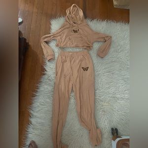 Butterfly hoodie & sweat pants tan set